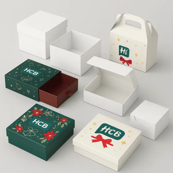 Festive custom gift packaging boxes in various styles and prints perfect for holiday retail or event use