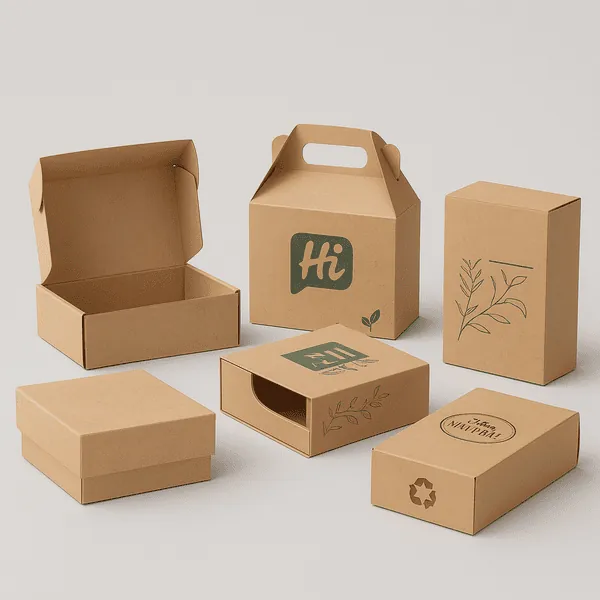 Ecofriendly kraft packaging boxes in multiple styles ideal for organic handmade and sustainable products