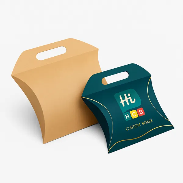 Handle pillow boxes - one plain kraft- one dark green with gold trim and Hi Custom Boxes logo- class=