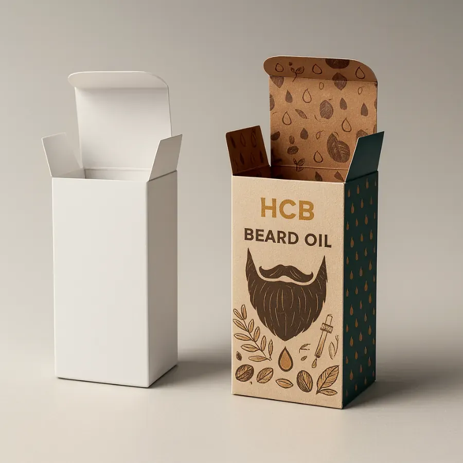 Custom beard oil packaging box with tuck top design- showing a plain white version and a branded version featuring beard illustration- leaves- and oil droplet graphics with HCB Beard Oil