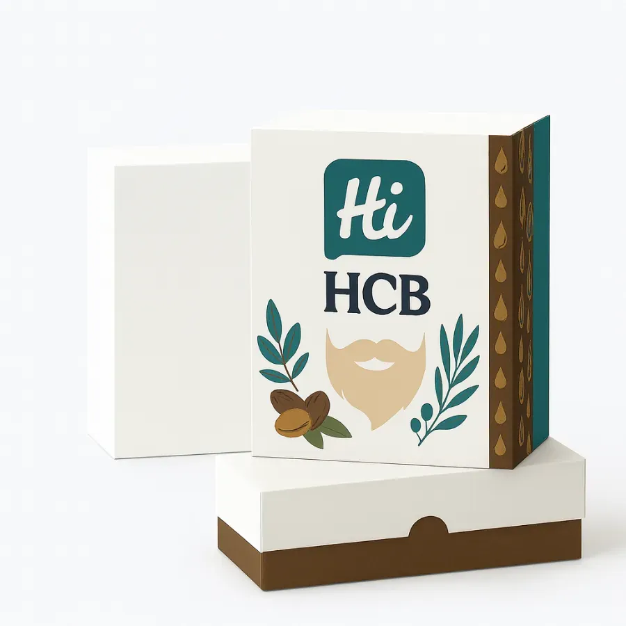 Custom beard oil rigid drawer packaging box- shown in plain white and branded versions with Hi HCB logo- beard illustration- and natural ingredient graphics on the printed design class=