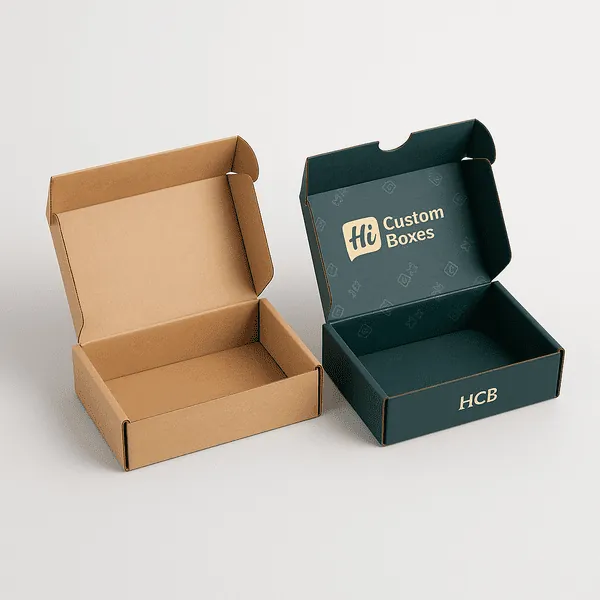 Two open mailer boxes side by side one in plain kraft brown and the other in custom printed dark green with Hi Custom Boxes class=
