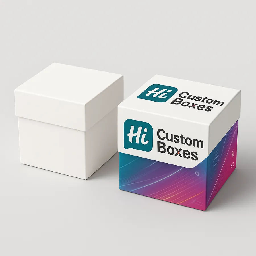 Square rigid electronic packaging box- displayed in plain white and a custom-printed version with -Hi Custom Boxes- branding on the lid and a vibrant gradient design with digital circuit-inspired graphics on the base- class=