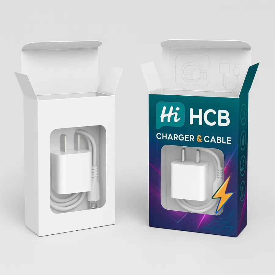 Custom charger and cable packaging box with window cutout- presented in plain white and a printed version with -Hi HCB- branding- lightning bolt graphic- and tech-inspired patterns-
