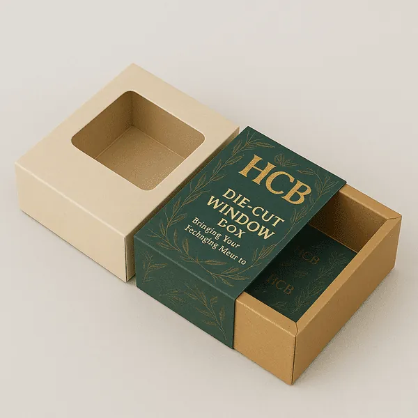 Two luxury sleeve and tray boxes one plain kraft with a diecut window and the other custom printed with dark green sleeve featuring gold HCB  class=