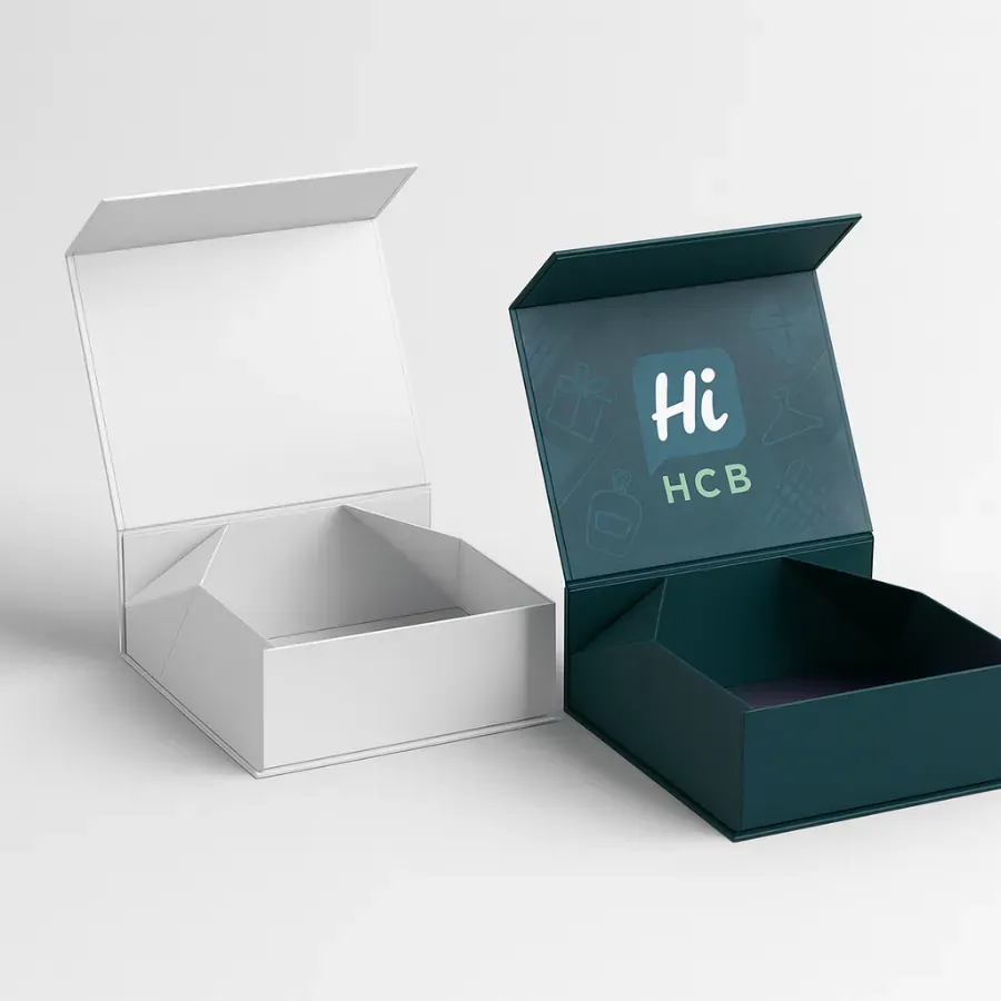 Open collapsible rigid magnetic closure boxes- One is plain white- and the other is a custom-printed dark teal with an all-over debossed pattern