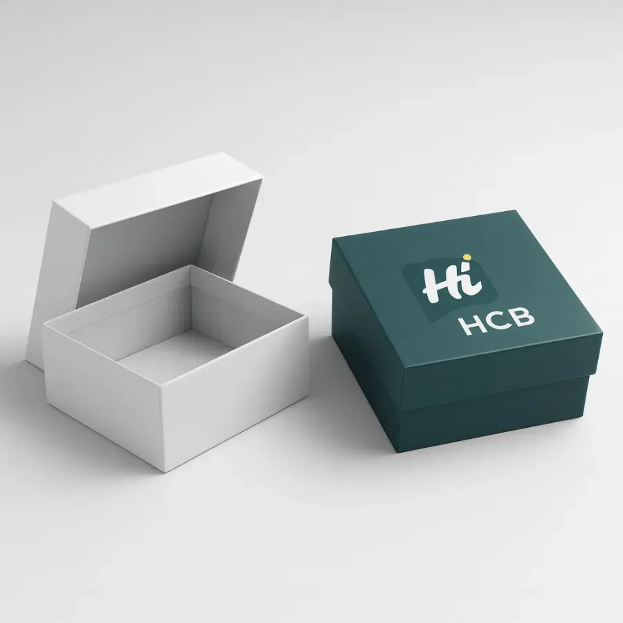 Square custom two-piece rigid gift boxes- A white box is shown with its lid open next to a dark teal box with a custom-printed logo on the lid