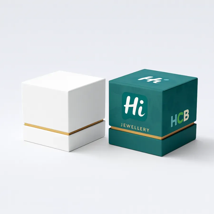 Premium two-piece rigid jewelry boxes with a custom neck-shoulder design and gold foil accent band- One box is white and gold- and the other is custom-branded with a dark teal design class=