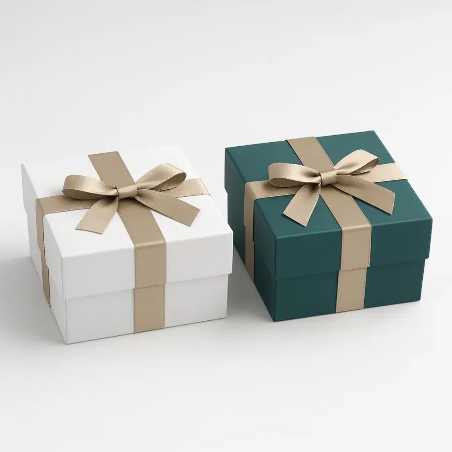 Luxury two-piece rigid gift boxes wrapped with a gold satin ribbon and bow- One box is plain white- and the other is a dark teal green class=