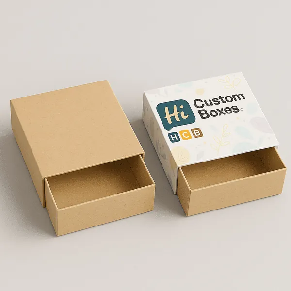 Elegant kraft and floral printed rigid drawer boxes by Hi Custom Boxes ideal for premium products class=