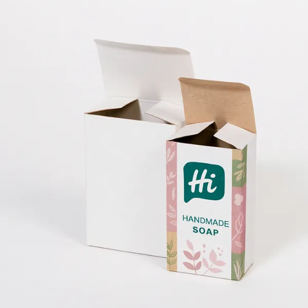 Custom kraft soap box with die-cut window and printed -Handmade Soap- design- displayed alongside a plain white window box packaging- class=