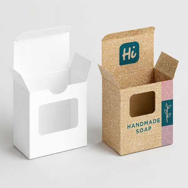 Printed tuck-end soap packaging box with floral artwork and -Handmade Soap- branding- shown next to a plain white box-