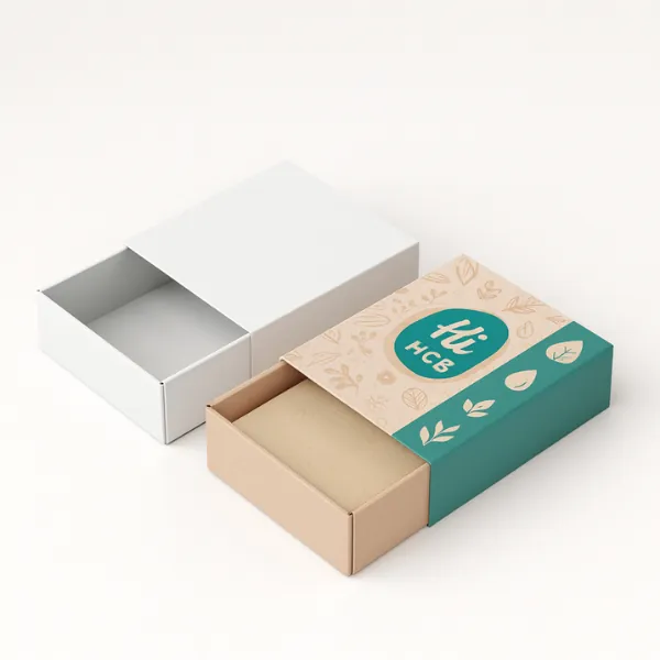 Drawer-style sliding soap packaging box with eco-friendly kraft insert and full-color printed sleeve- paired with a plain white version- class=