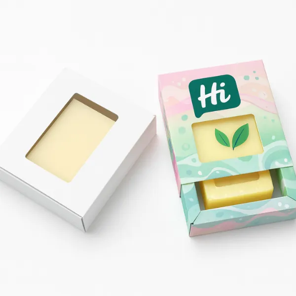 Two soap sleeve boxes- one plain white and one custom printed in pastel green and pink with leaf graphics- both with rectangular transparent windows showing the soap inside class=