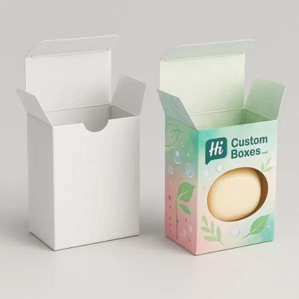 Two tuck end soap boxes- one plain white and one custom printed with pastel green and pink design- featuring a circular die-cut window and leaf graphics-
