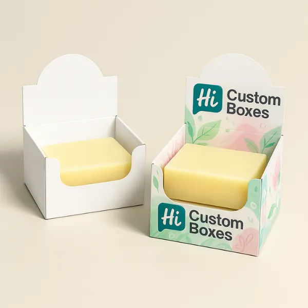 Two counter display soap boxes- one plain white and one custom printed with pastel leaf patterns- each displaying a single yellow soap bar at the front- class=