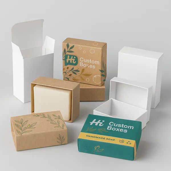 Custom kraft and printed soap packaging boxes for handmade and organic soaps shown in multiple box styles