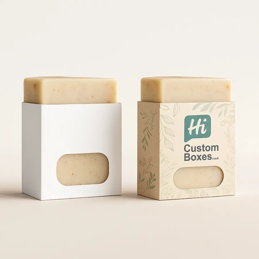 Custom soap packaging sleeves with die-cut window- showing natural handmade soap inside and branded with Hi Custom Boxes logo