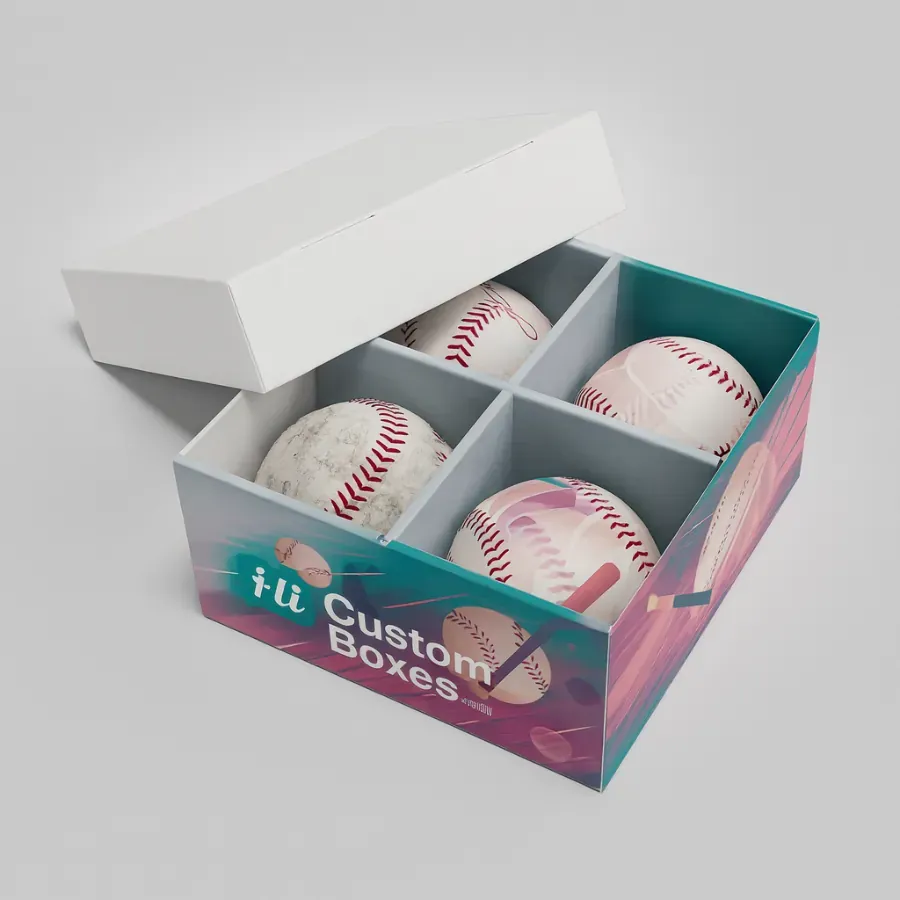 Baseball packaging box with four internal dividers holding baseballs- printed in vibrant colors with Hi Custom Boxes branding class=