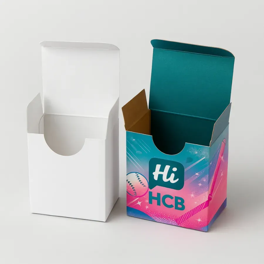 Custom baseball boxes with tuck-top design- shown in plain white and full-color printed version featuring baseball graphics and Hi HCB branding