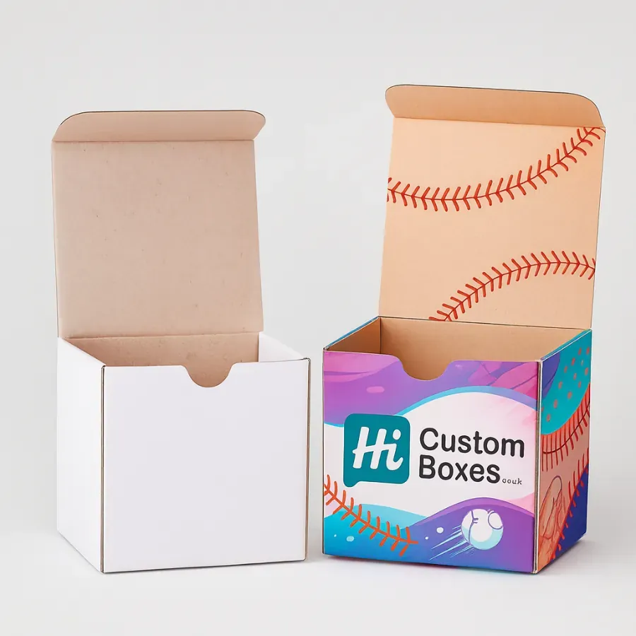 Cardboard baseball boxes in plain white and custom-printed design- featuring seam patterns and Hi Custom Boxes logo class=