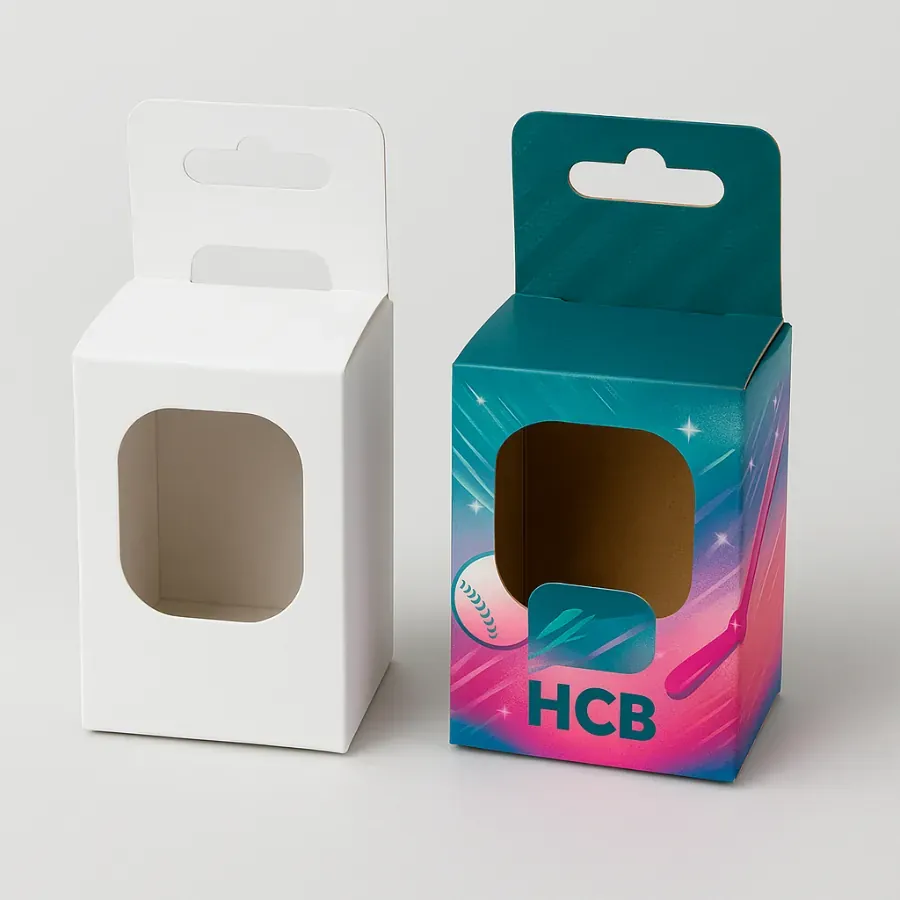 Custom baseball packaging with hanging display window style- plain and printed variations- branded with HCB logo and baseball theme graphics class=