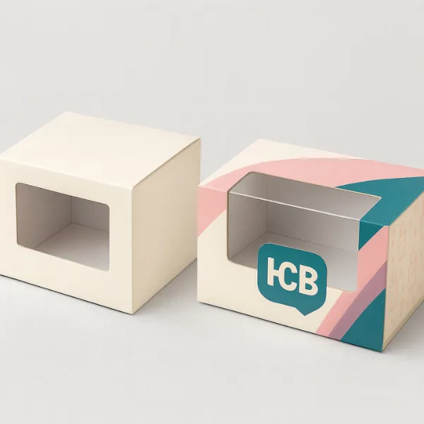 Two rectangular packaging boxes with die-cut windows- one plain cream box and one custom-printed HCB branded box in pastel pink and teal colors- class=