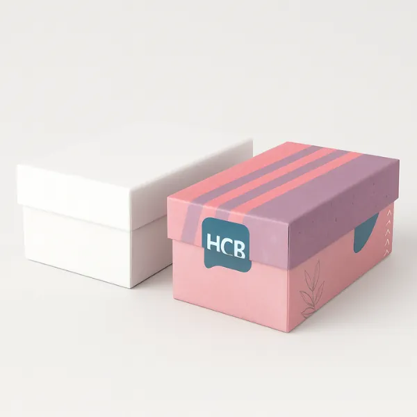 Rigid two-piece lid and base packaging boxes- one plain white and one custom-printed pink box with HCB branding and decorative stripes- class=