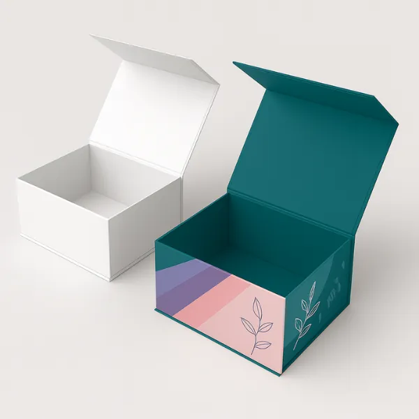Rigid magnetic closure gift boxes- one plain white and one custom-printed teal box with pink and purple design elements and HCB branding- class=
