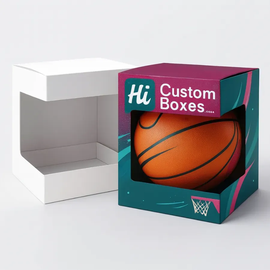 Custom display box with a large front window showcasing a basketball- ideal for retail product visibility and branding class=