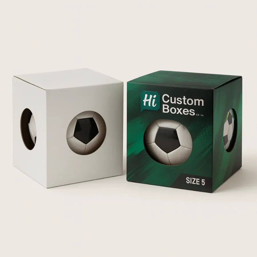 Printed custom football boxes with green design and branding- size 5 ball packaging