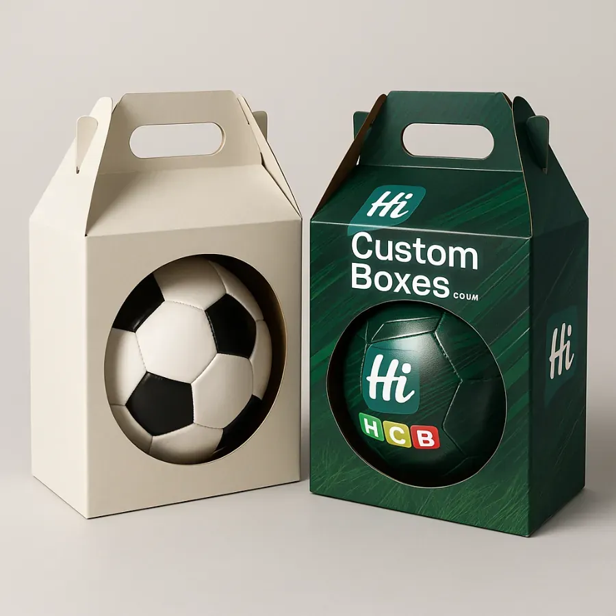 Custom football packaging boxes with cut-out window design- plain and printed style class=