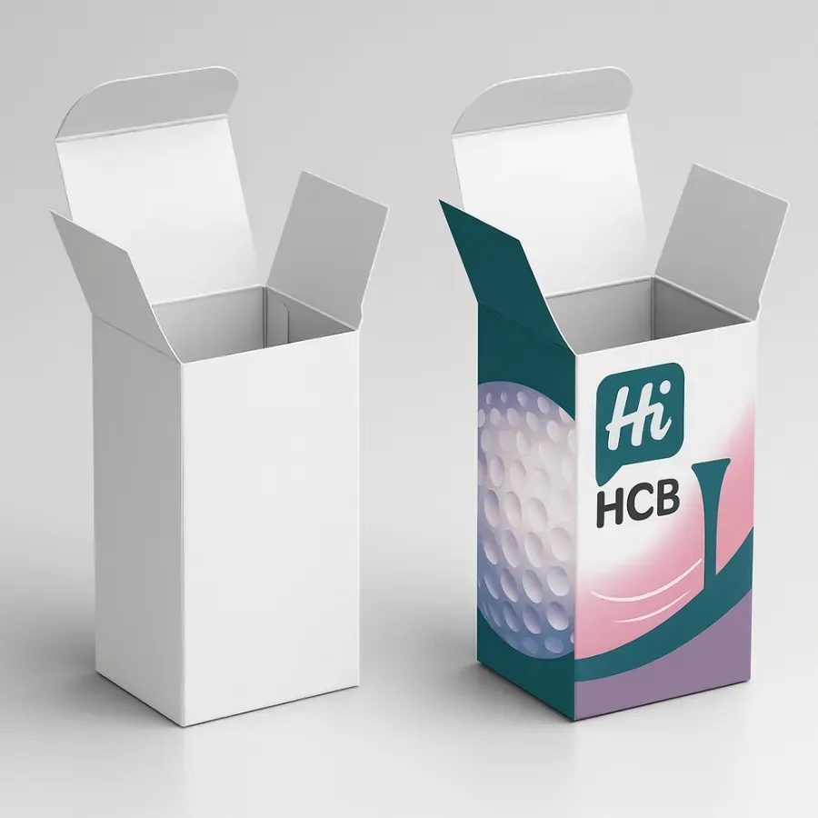 Two tall tuck-top cartons- the left is plain white- the right shows a teal- pink- and purple golf theme with -Hi HCB- branding and an open lid revealing the box interior