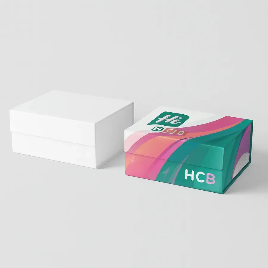 Two rigid elevator-off lid boxes- one plain white and one fully printed in swooping teal- pink- and magenta graphics with -Hi HCB- branding class=