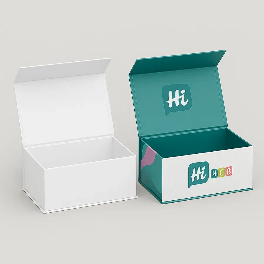 Set of hinged rigid presentation boxes- the left is plain white- the right is teal with patterned sides and -Hi HCB- logos on the lid and front class=