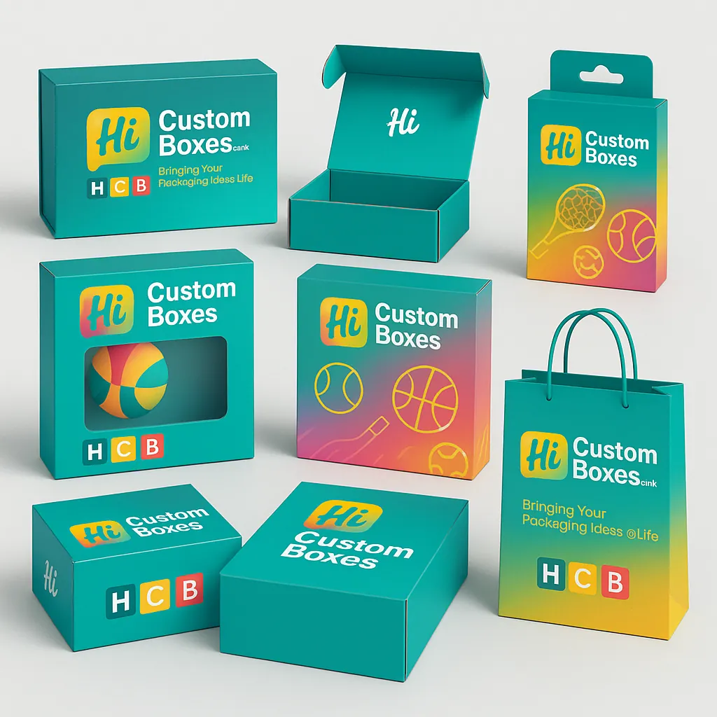 Custom sports packaging boxes with logo and colorful gradient design- including retail and gift packaging styles-