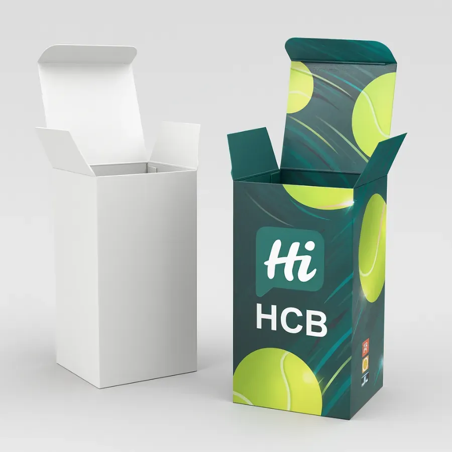Plain white box and custom printed Hi HCB tennis ball packaging box with green tennis ball graphics- open flap design for sports product display