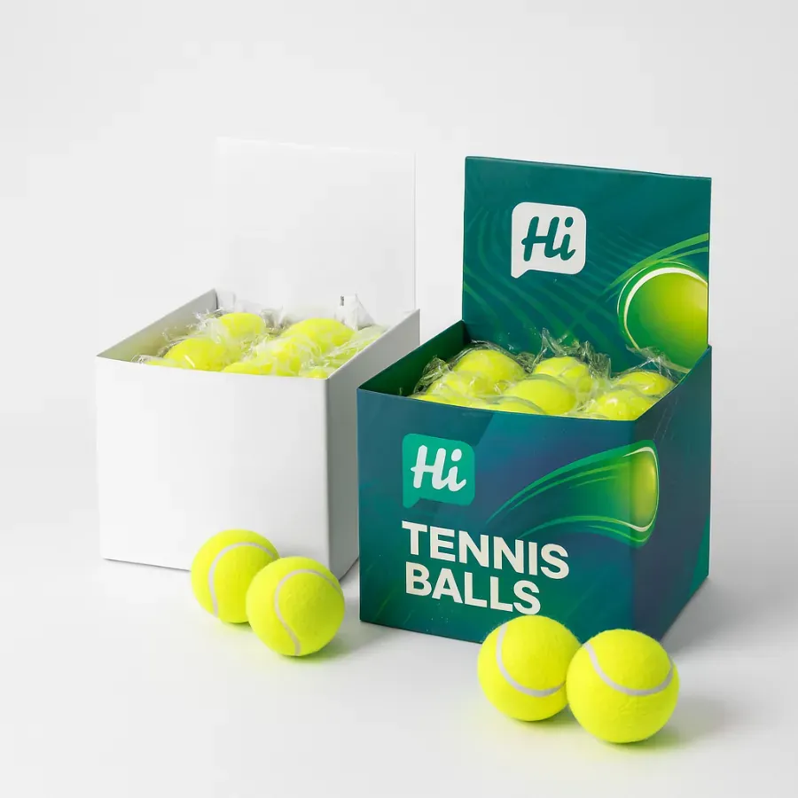Hi branded tennis ball packaging boxes with open lids- showcasing neon yellow tennis balls in retail-ready display format class=