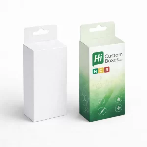 Two hanging boxes with tabs, one plain white and one with green "Hi Custom Boxes" branding.