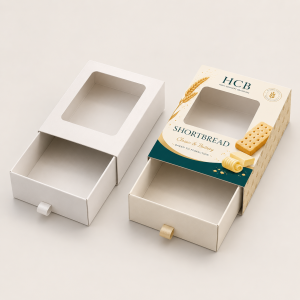 White sliding drawer box displayed next to a branded green tray for biscuits.