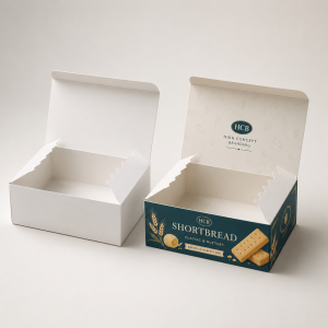 Plain white folding box displayed next to a green branded box for biscuits.