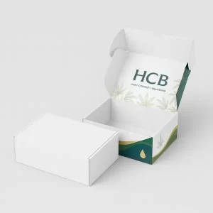 Custom CBD subscription boxes with a clean white exterior and a premium internal print. The design features a white lid with a logo above a light green cannabis leaf pattern and a dark green wave graphic with a gold oil drop.