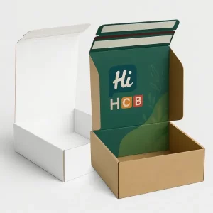 Secure custom CBD subscription boxes showing two mailer styles: one plain white and one kraft brown with a green and earthy internal print, featuring a tear strip on the lid for easy opening.
