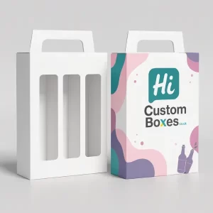 Custom gable-style packaging box with triple front windows and colorful Hi Custom Boxes printed artwork