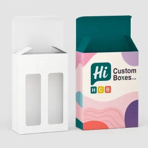 Custom tuck-end box with dual front windows and vibrant Hi Custom Boxes branding in pastel colors