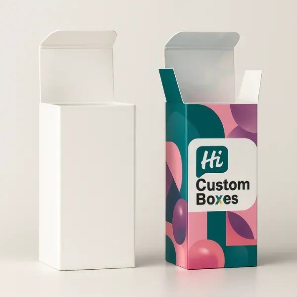 Side-by-side plain white cardboard box and fully printed custom packaging box with Hi Custom Boxes branding- both with open top flaps