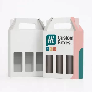Custom gable-style carrier box with handle and window cutouts- branded with Hi Custom Boxes logo- ideal for showcasing and carrying multiple products