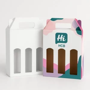 Custom window packaging box with handle and three product display cut-outs - Hi Custom Boxes design