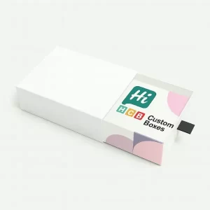 Sliding drawer rigid boxes - one plain white sleeve- one printed inner drawer with pastel shapes and Hi Custom Boxes branding