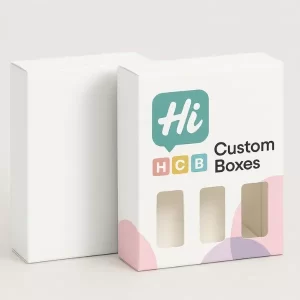 Custom display packaging with three front windows - one plain white- one printed with pastel shapes and Hi Custom Boxes branding